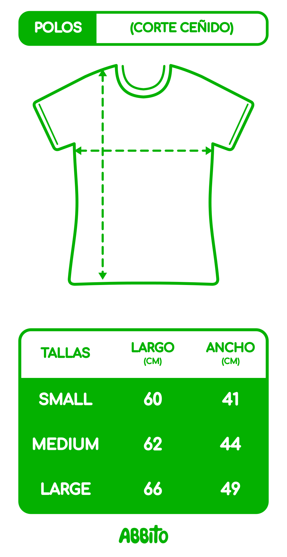 Guía de tallas de polos de corte ceñido Abbito: S, M y L