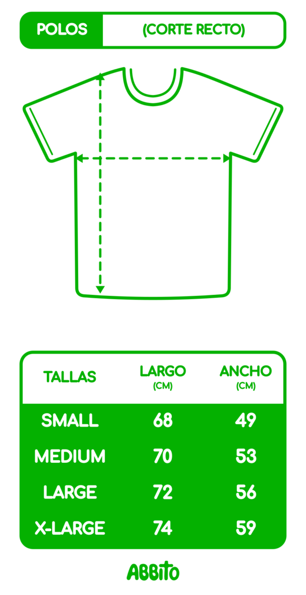 Guía de tallas de polos de corte recto Abbito: S, M, L y XL